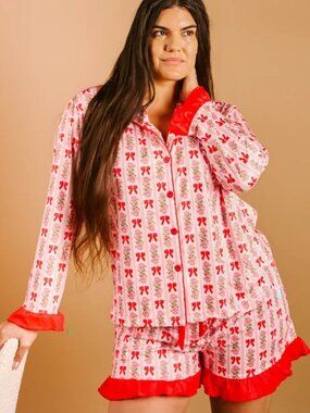 The Darling Effect Red Pink Floral Bow Print Ruffle Sweet Dreams Pajama Set
